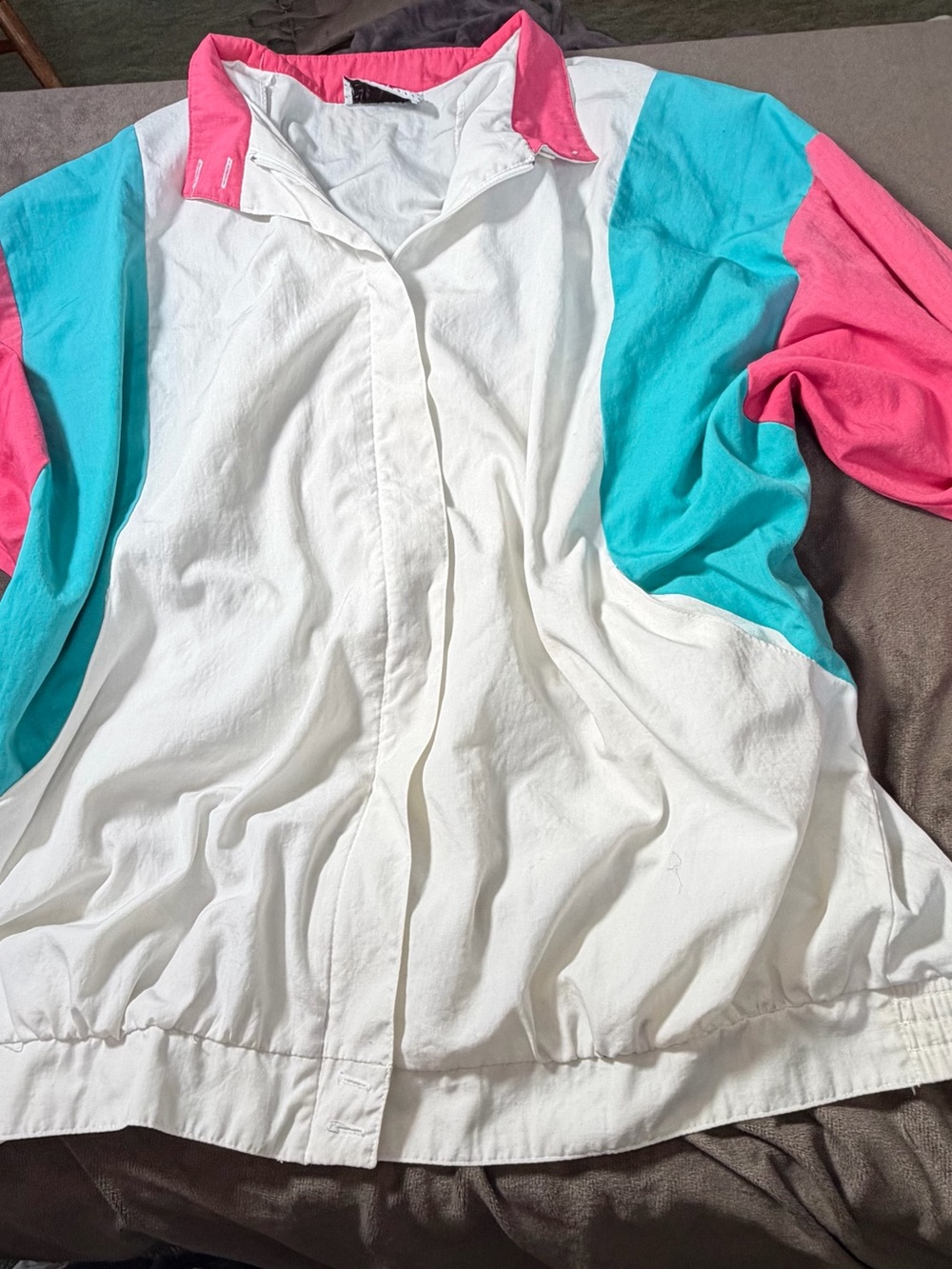 Vintage 1980s Retro Colorblock Bomber Jacket - White, Teal & Pink